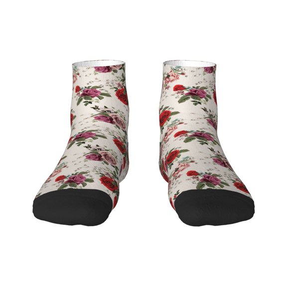 Rateoe Rose Flowers Pattern Quarter Crew Socks,Toe Seamed Ankle Socks,Cotton Cushioned Breathable Athletic Crew Sports Socks
