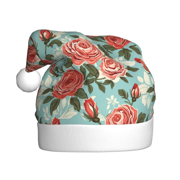 Rateoe Rose Flowers Pattern Santa Hat Christmas Hats for Adults, Holiday Unisex Velvet Comfort Xmas Hat for Women Men