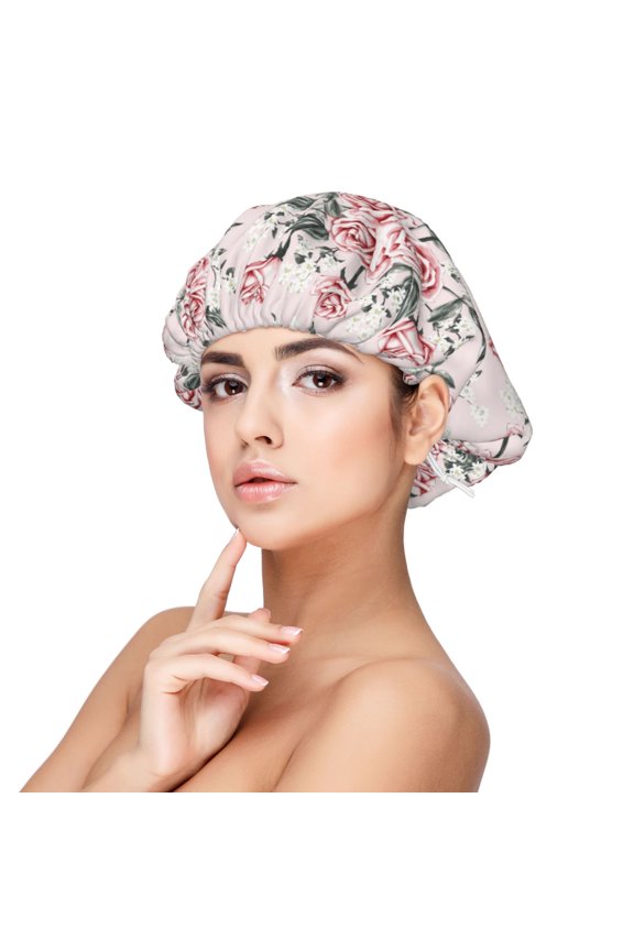 Rose Flowers Pattern Silk Satin Hair Bonnet for Sleeping, Adjustable Sleep Cap Turban for Women , Curly Straight Hair Long Large Braid