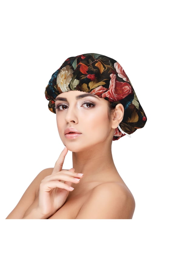 Rose Flowers Pattern Silk Satin Hair Bonnet for Sleeping, Adjustable Sleep Cap Turban for Women , Curly Straight Hair Long Large Braid