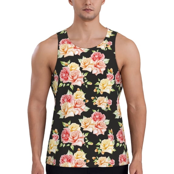Rateoe Rose Flowers Pattern Sleeveless Gym Shirt Muscle Tee Breathable Workout Shirt Slim-Fit Tank Quick Dry Fit Muscle Tank Top Bodybuilding Sleeveless T Shirt-Medium