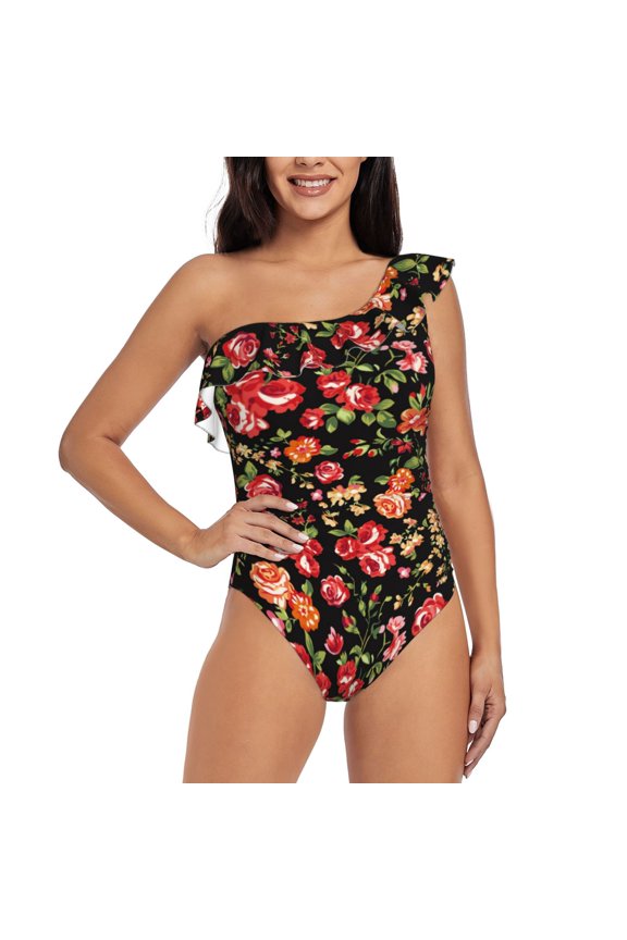 Rose Flowers Pattern Women One Piece Swimsuits Tummy Control One Shoulder Bathing Suits Ruffle Swimwear-Large