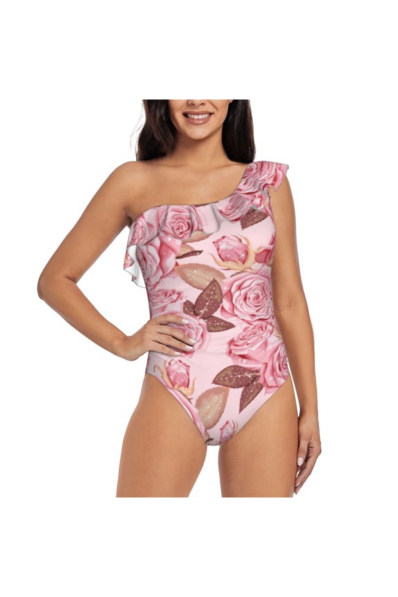 Rose Flowers Pattern Women One Piece Swimsuits Tummy Control One Shoulder Bathing Suits Ruffle Swimwear-Large