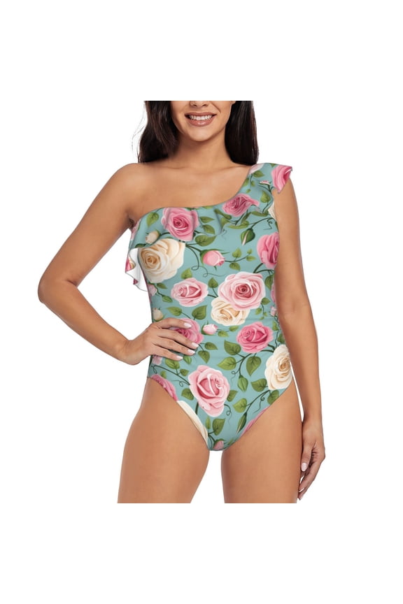 Rose Flowers Pattern Women One Piece Swimsuits Tummy Control One Shoulder Bathing Suits Ruffle Swimwear-Large