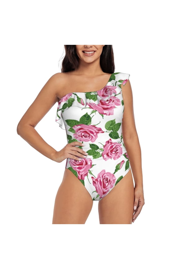 Rose Flowers Pattern Women One Piece Swimsuits Tummy Control One Shoulder Bathing Suits Ruffle Swimwear-Large