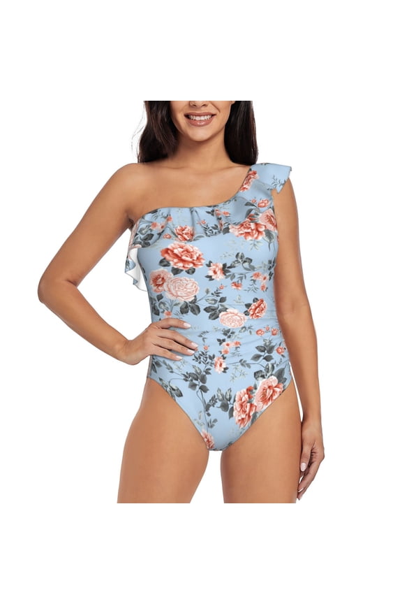 Rose Flowers Pattern Women One Piece Swimsuits Tummy Control One Shoulder Bathing Suits Ruffle Swimwear-Large