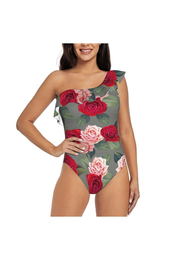 Rose Flowers Pattern Women One Piece Swimsuits Tummy Control One Shoulder Bathing Suits Ruffle Swimwear-Large