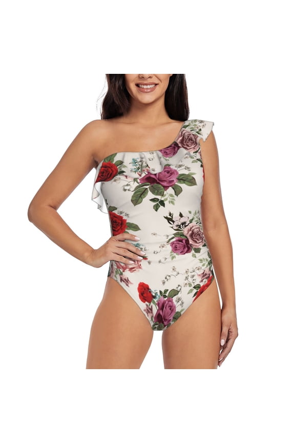 Rose Flowers Pattern Women One Piece Swimsuits Tummy Control One Shoulder Bathing Suits Ruffle Swimwear-Large