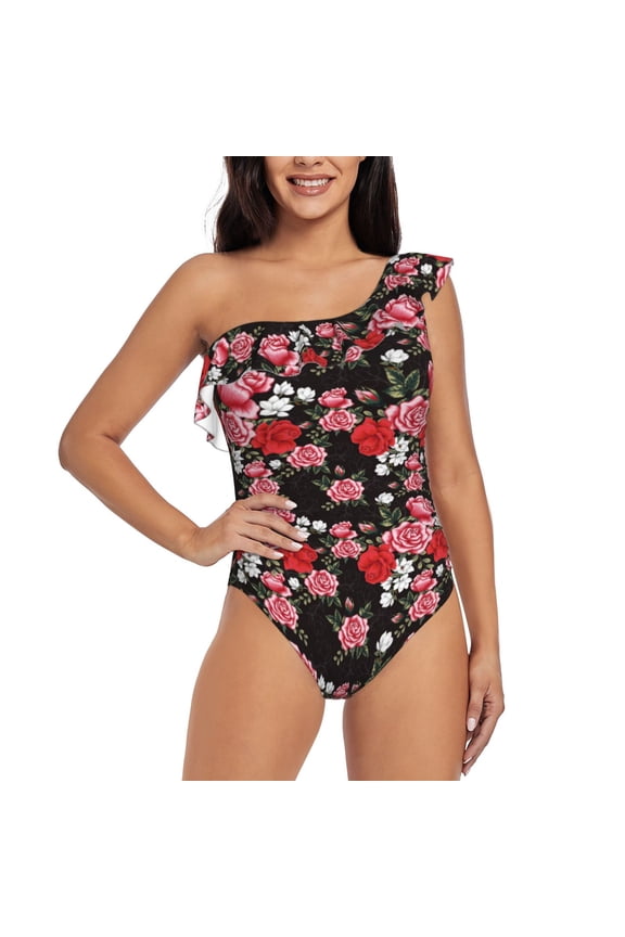 Rose Flowers Pattern Women One Piece Swimsuits Tummy Control One Shoulder Bathing Suits Ruffle Swimwear-Large