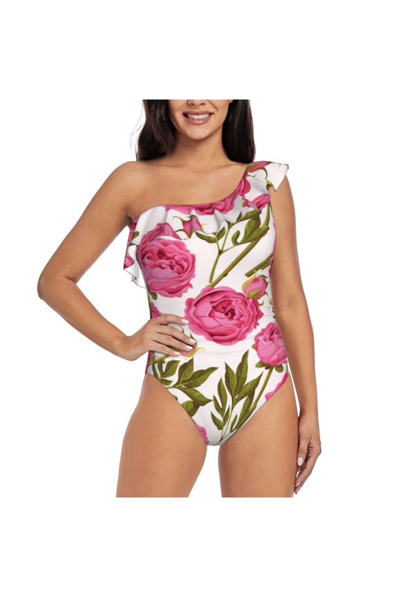 Rose Flowers Pattern Women One Piece Swimsuits Tummy Control One Shoulder Bathing Suits Ruffle Swimwear-Large