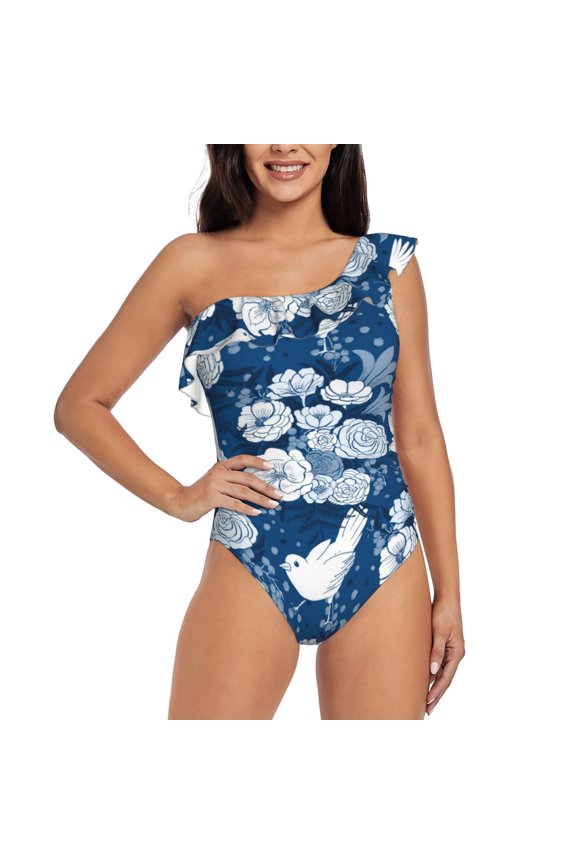 Rose Flowers Pattern Women One Piece Swimsuits Tummy Control One Shoulder Bathing Suits Ruffle Swimwear-Large