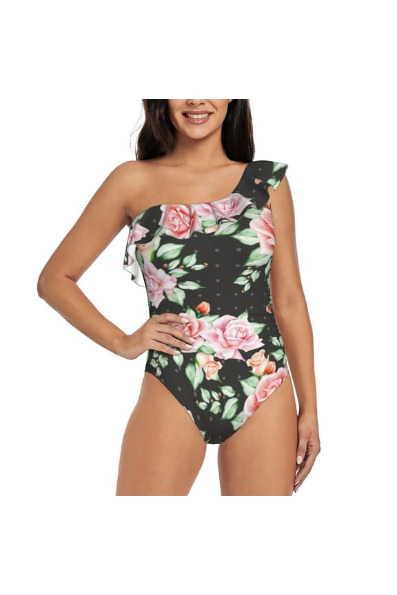 Rose Flowers Pattern Women One Piece Swimsuits Tummy Control One Shoulder Bathing Suits Ruffle Swimwear-Large