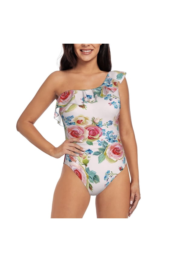 Rose Flowers Pattern Women One Piece Swimsuits Tummy Control One Shoulder Bathing Suits Ruffle Swimwear-Large