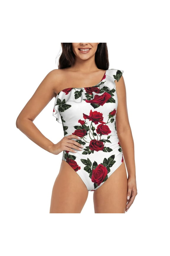 Rose Flowers Pattern Women One Piece Swimsuits Tummy Control One Shoulder Bathing Suits Ruffle Swimwear-Large