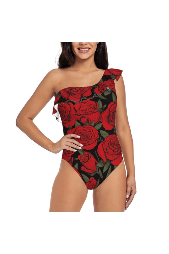 Rose Flowers Pattern Women One Piece Swimsuits Tummy Control One Shoulder Bathing Suits Ruffle Swimwear-Large