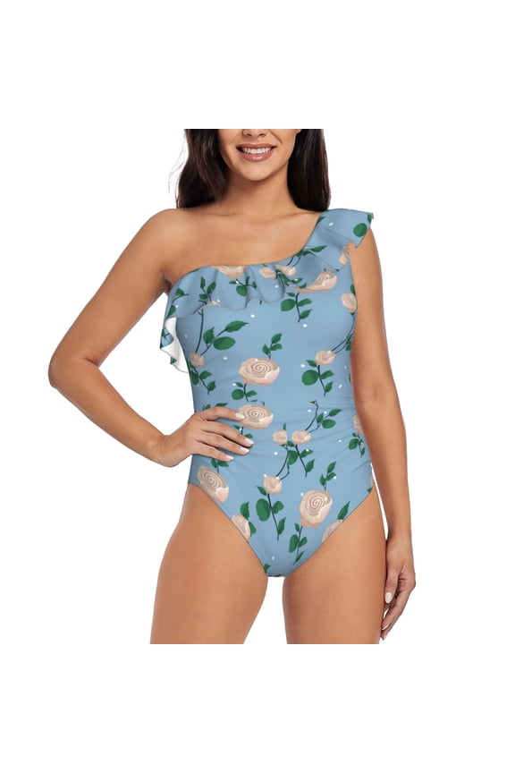 Rose Flowers Pattern Women One Piece Swimsuits Tummy Control One Shoulder Bathing Suits Ruffle Swimwear-Medium