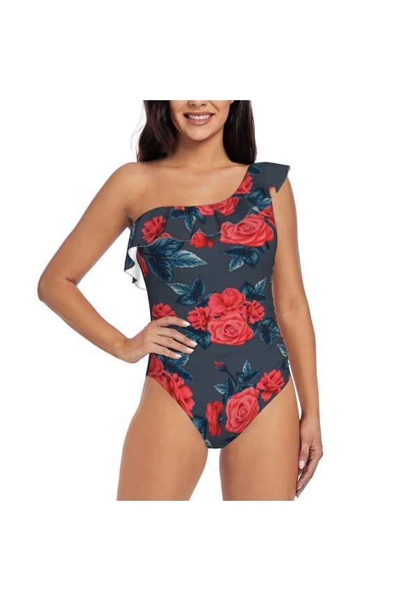 Rose Flowers Pattern Women One Piece Swimsuits Tummy Control One Shoulder Bathing Suits Ruffle Swimwear-Medium