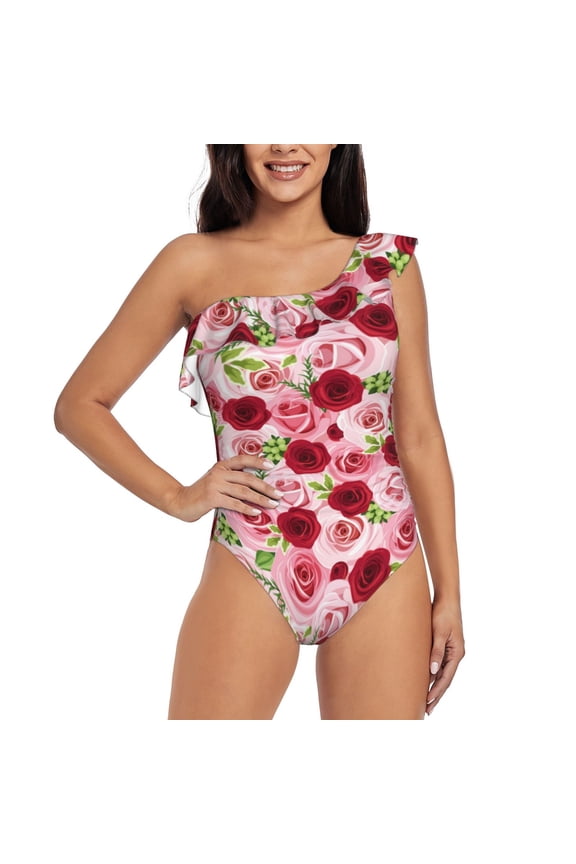 Rose Flowers Pattern Women One Piece Swimsuits Tummy Control One Shoulder Bathing Suits Ruffle Swimwear-Medium