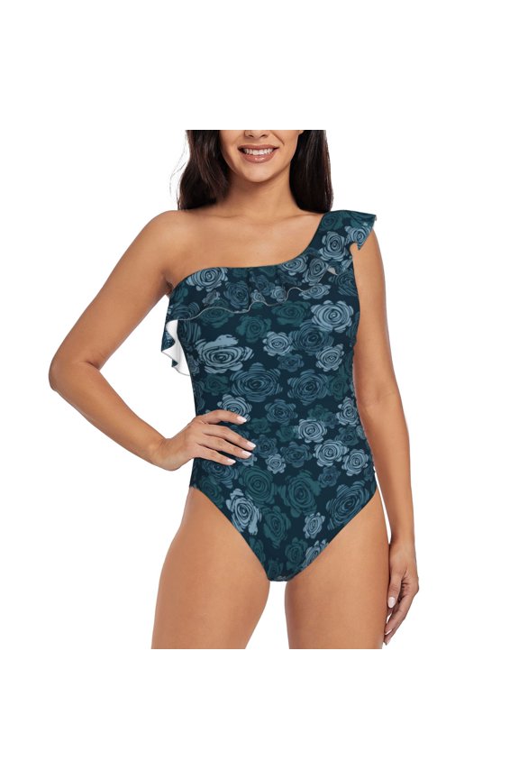 Rose Flowers Pattern Women One Piece Swimsuits Tummy Control One Shoulder Bathing Suits Ruffle Swimwear-Medium