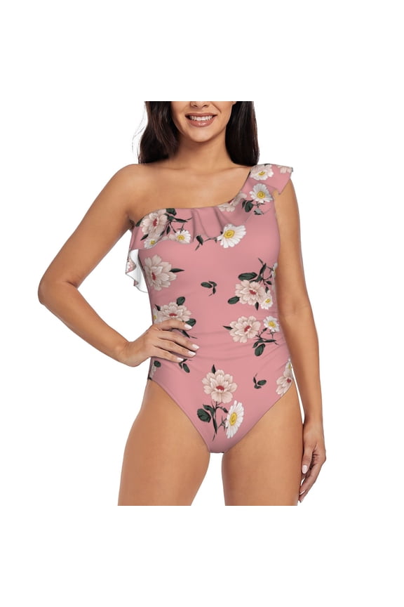 Rose Flowers Pattern Women One Piece Swimsuits Tummy Control One Shoulder Bathing Suits Ruffle Swimwear-Medium