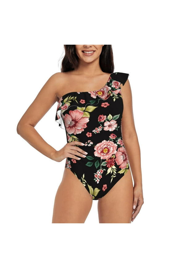 Rose Flowers Pattern Women One Piece Swimsuits Tummy Control One Shoulder Bathing Suits Ruffle Swimwear-Small