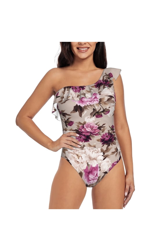 Rose Flowers Pattern Women One Piece Swimsuits Tummy Control One Shoulder Bathing Suits Ruffle Swimwear-X-Large