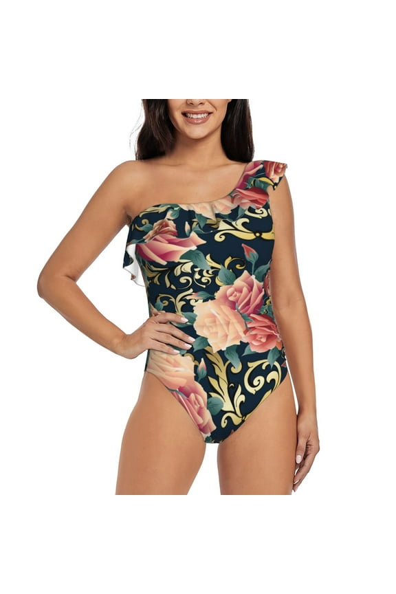 Rose Flowers Pattern Women One Piece Swimsuits Tummy Control One Shoulder Bathing Suits Ruffle Swimwear-X-Large