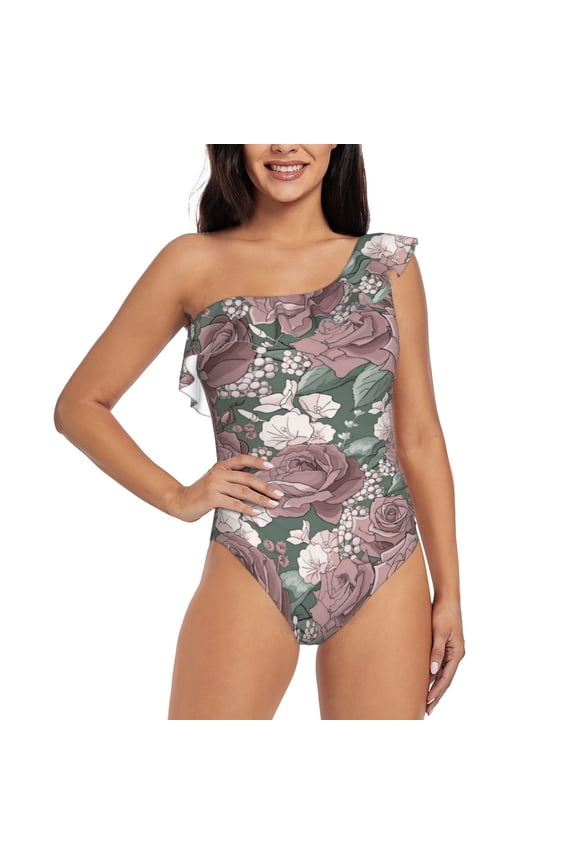Rose Flowers Pattern Women One Piece Swimsuits Tummy Control One Shoulder Bathing Suits Ruffle Swimwear-X-Large