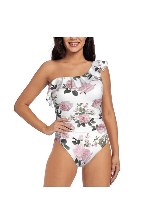 Rose Flowers Pattern Women One Piece Swimsuits Tummy Control One Shoulder Bathing Suits Ruffle Swimwear-X-Large