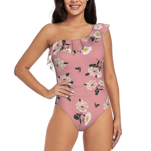 Rateoe Rose Flowers Pattern Women One Piece Swimsuits Tummy Control One Shoulder Bathing Suits Ruffle Swimwear-X-Large