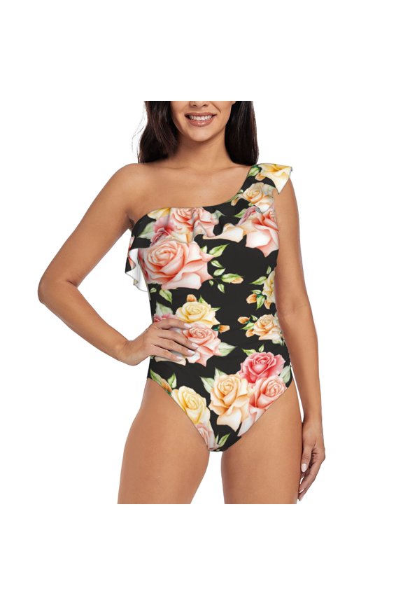 Rose Flowers Pattern Women One Piece Swimsuits Tummy Control One Shoulder Bathing Suits Ruffle Swimwear-X-Large