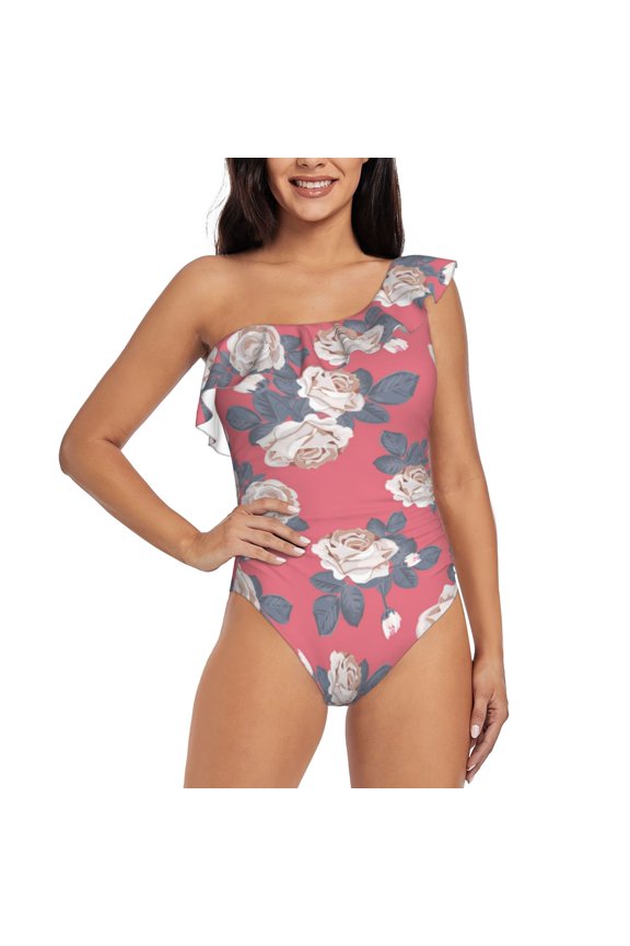 Rose Flowers Pattern Women One Piece Swimsuits Tummy Control One Shoulder Bathing Suits Ruffle Swimwear-X-Large