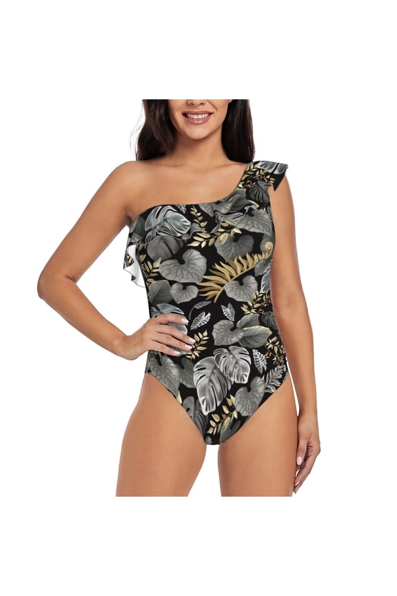 Rose Flowers Pattern Women One Piece Swimsuits Tummy Control One Shoulder Bathing Suits Ruffle Swimwear-XX-Large