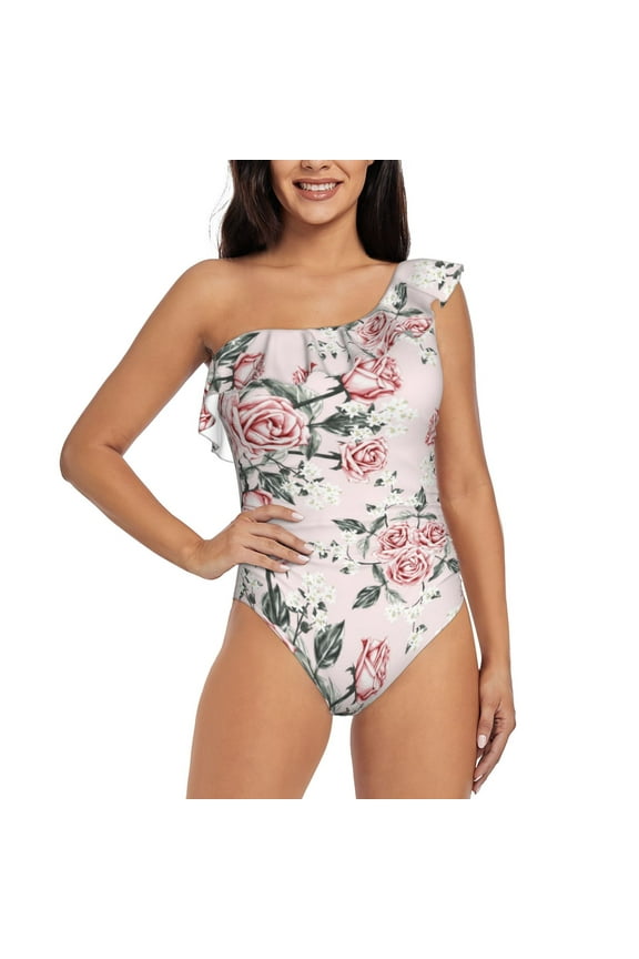 Rose Flowers Pattern Women One Piece Swimsuits Tummy Control One Shoulder Bathing Suits Ruffle Swimwear-XX-Large
