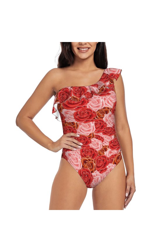 Rose Flowers Pattern Women One Piece Swimsuits Tummy Control One Shoulder Bathing Suits Ruffle Swimwear-XX-Large