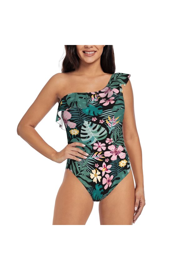 Rose Flowers Pattern Women One Piece Swimsuits Tummy Control One Shoulder Bathing Suits Ruffle Swimwear-XX-Large