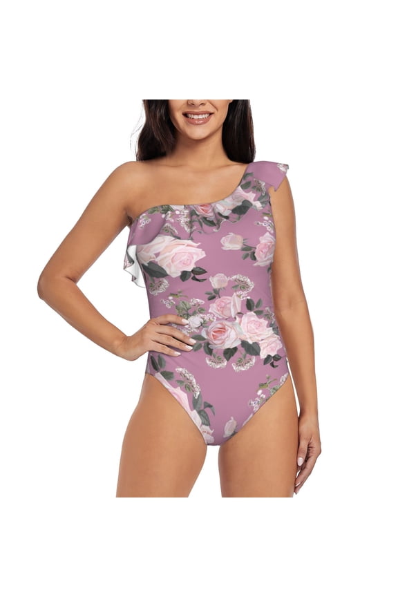 Rose Flowers Pattern Women One Piece Swimsuits Tummy Control One Shoulder Bathing Suits Ruffle Swimwear-XX-Large