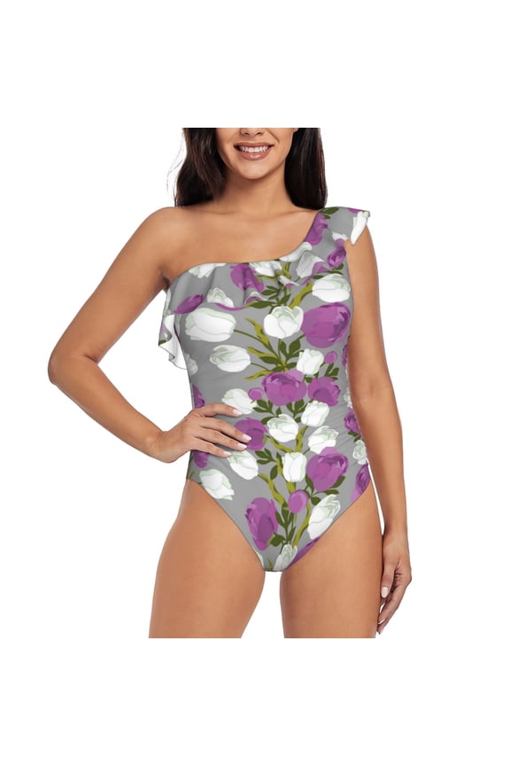 Rose Flowers Pattern Women One Piece Swimsuits Tummy Control One Shoulder Bathing Suits Ruffle Swimwear-XX-Large