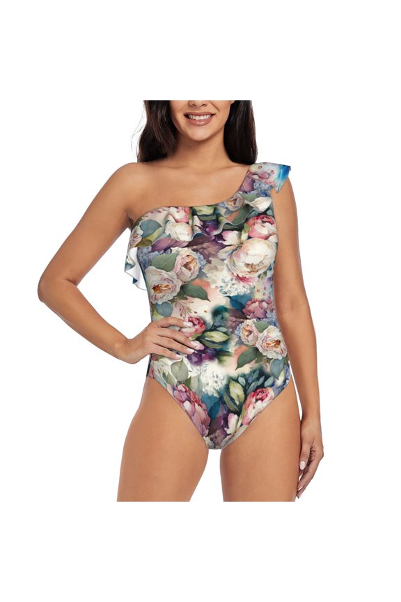 Rose Flowers Pattern Women One Piece Swimsuits Tummy Control One Shoulder Bathing Suits Ruffle Swimwear-
