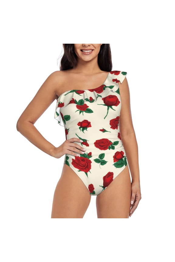 Rose Flowers Pattern Women One Piece Swimsuits Tummy Control One Shoulder Bathing Suits Ruffle Swimwear-