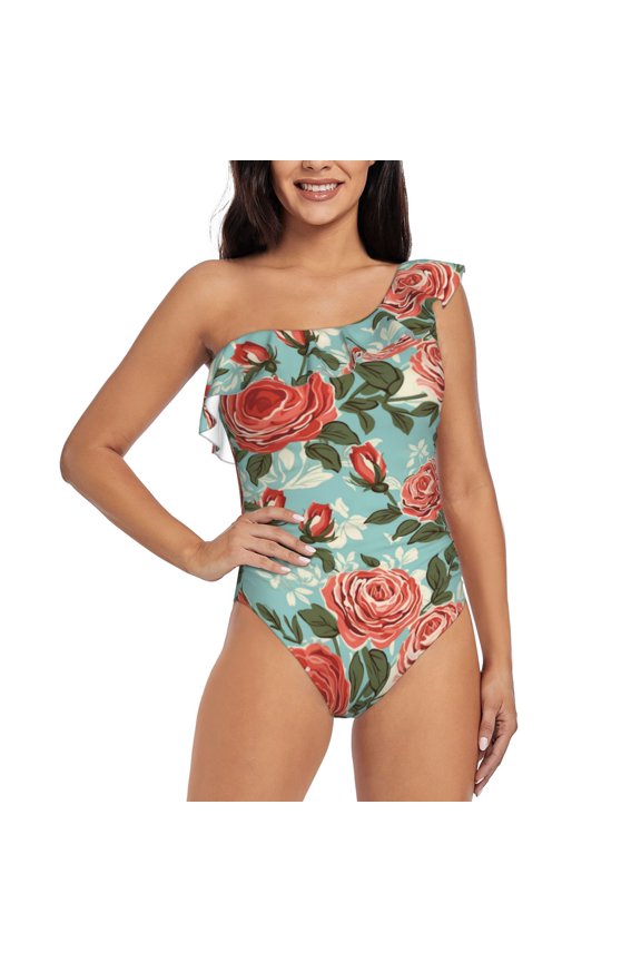 Rose Flowers Pattern Women One Piece Swimsuits Tummy Control One Shoulder Bathing Suits Ruffle Swimwear-
