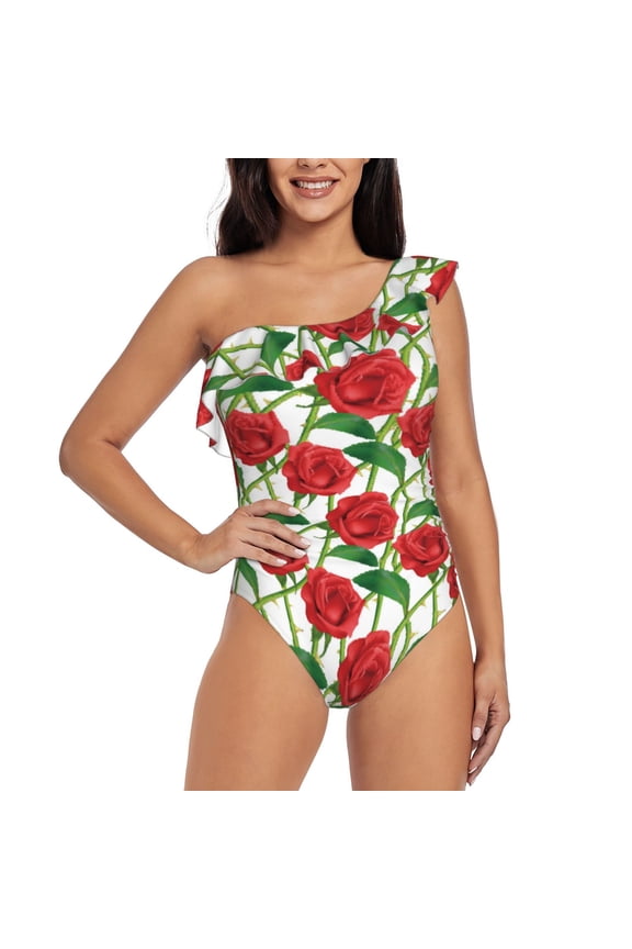 Rose Flowers Pattern Women One Piece Swimsuits Tummy Control One Shoulder Bathing Suits Ruffle Swimwear-