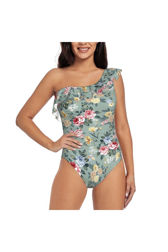 Rose Flowers Pattern Women One Piece Swimsuits Tummy Control One Shoulder Bathing Suits Ruffle Swimwear-