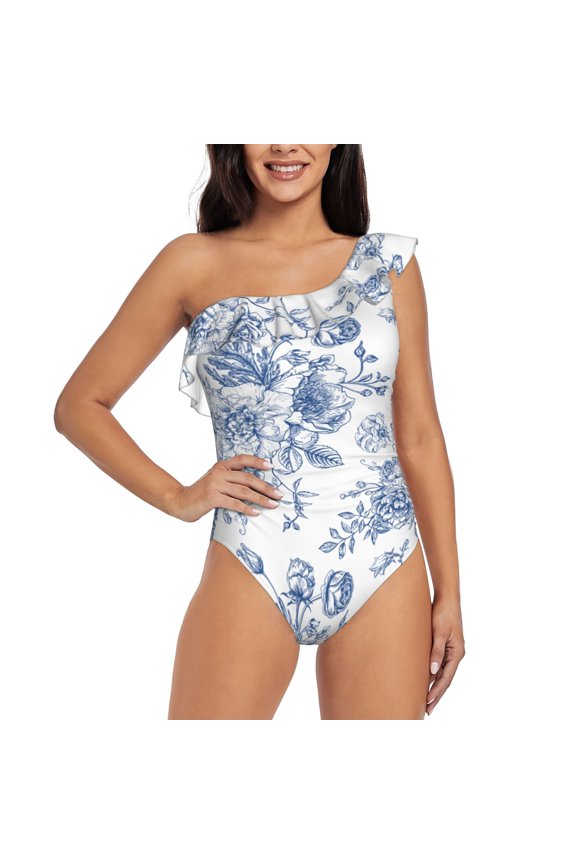 Rose Flowers Pattern Women One Piece Swimsuits Tummy Control One Shoulder Bathing Suits Ruffle Swimwear-Small