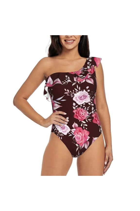 Rose Flowers Pattern Women One Piece Swimsuits Tummy Control One Shoulder Bathing Suits Ruffle Swimwear-