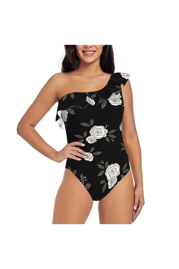 Rose Flowers Pattern Women One Piece Swimsuits Tummy Control One Shoulder Bathing Suits Ruffle Swimwear-