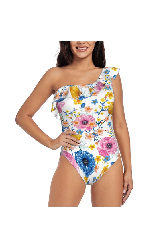 Rose Flowers Pattern Women One Piece Swimsuits Tummy Control One Shoulder Bathing Suits Ruffle Swimwear-Small