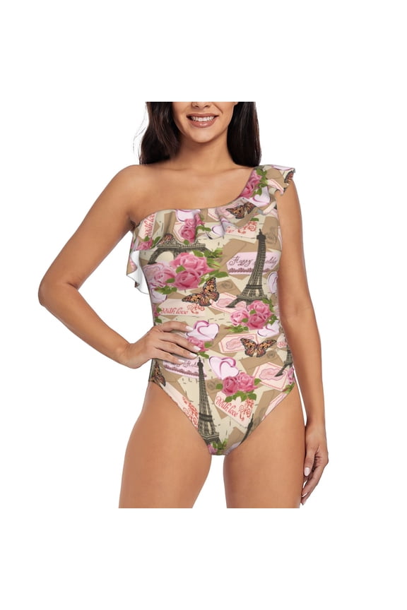 Rose Flowers Pattern Women One Piece Swimsuits Tummy Control One Shoulder Bathing Suits Ruffle Swimwear-