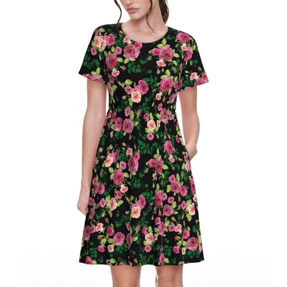 Rateoe Rose Flowers Pattern Women’s Short Sleeve Dress – Casual Elegant Summer A-Line Dress for Everyday Wear