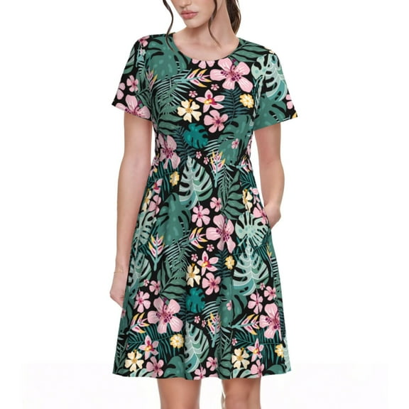 Rateoe Rose Flowers Pattern Women’s Short Sleeve Dress – Casual Elegant Summer A-Line Dress for Everyday Wear